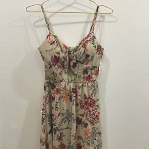 Womens Juniors Tan Beige Sweetheart Floral Dress Shirring Ruffle Built in Bra